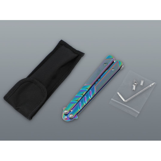 Szivárvány balisong pillangókés lyuggatott pengével – 24 cm, tokkal