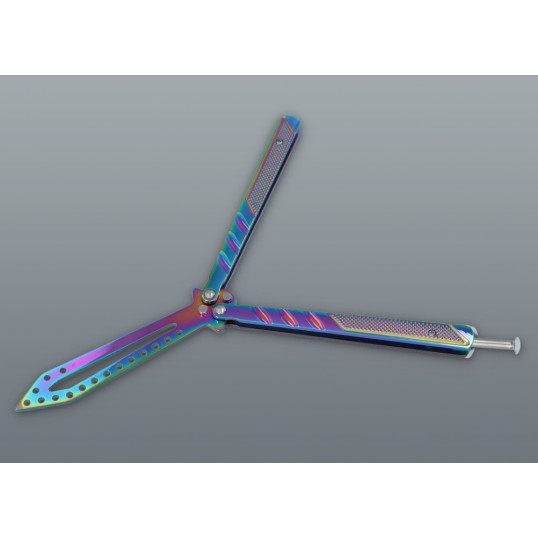 Szivárvány balisong pillangókés lyuggatott pengével – 24 cm, tokkal