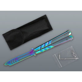 Szivárvány balisong pillangókés cápafej mintás pengével – 24 cm, tokkal