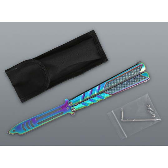 Szivárvány balisong pillangókés cápafej mintás pengével – 24 cm, tokkal