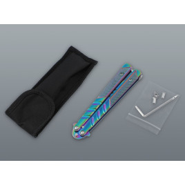 Szivárvány balisong pillangókés cápafej mintás pengével – 24 cm, tokkal