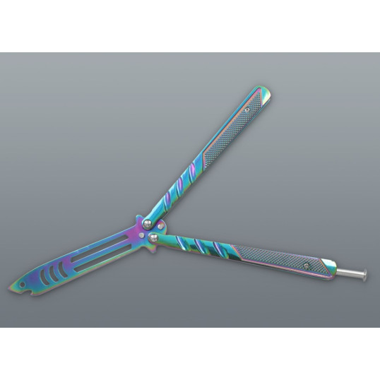 Szivárvány balisong pillangókés cápafej mintás pengével – 24 cm, tokkal