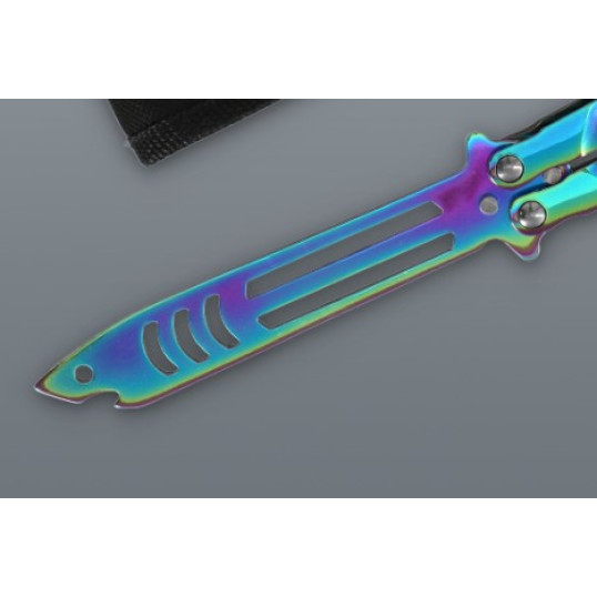 Szivárvány balisong pillangókés cápafej mintás pengével – 24 cm, tokkal