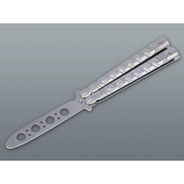 Ezüst színű balisong pillangókés lyukacsos pengével – 22 cm