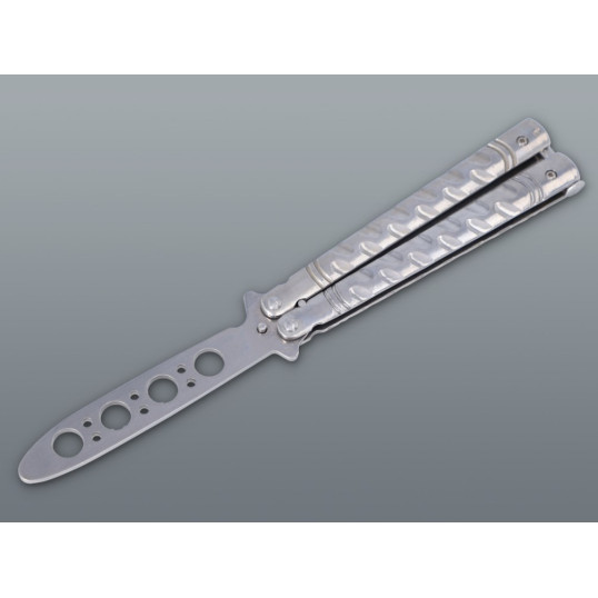 Ezüst színű balisong pillangókés lyukacsos pengével – 22 cm