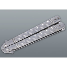 Ezüst színű balisong pillangókés lyukacsos pengével – 22 cm