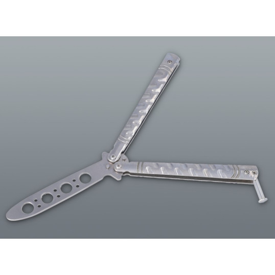 Ezüst színű balisong pillangókés lyukacsos pengével – 22 cm