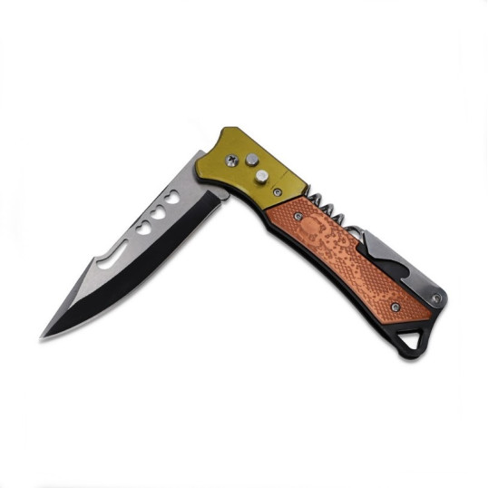 Fémből készült multifunkcionális összecsukható túra bicska - arany és réz színű műanyag markolattal 