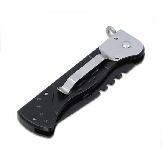 Fémből készült összecsukható taktikai bicska - fekete és bordó színű fa mintás műanyag markolattal 