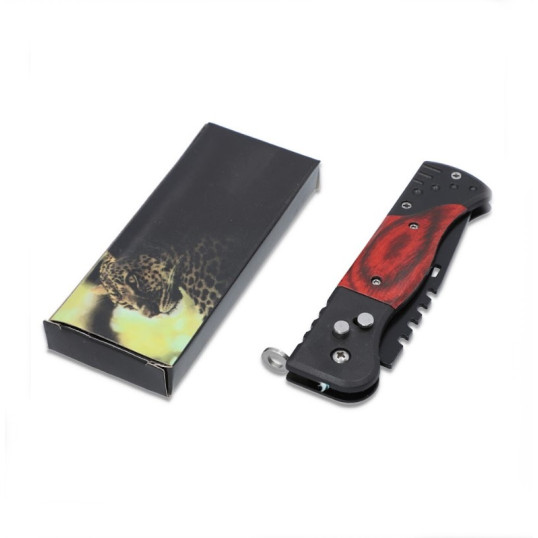 Fémből készült összecsukható taktikai bicska - fekete és bordó színű fa mintás műanyag markolattal 