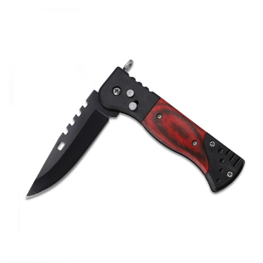 Fémből készült összecsukható taktikai bicska - fekete és bordó színű fa mintás műanyag markolattal 