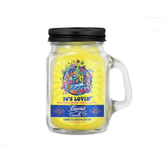 Smoke Killer illatgyertya üvegedényben, füllel és fém kupakkal – 70’S LOVING’ - kicsi
