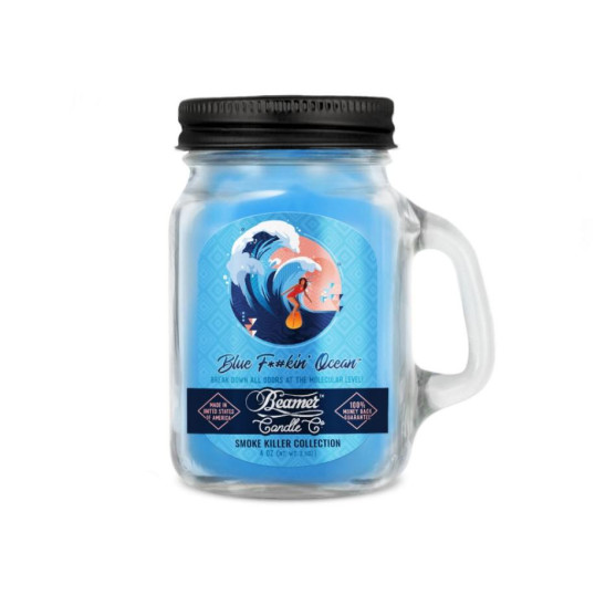 Smoke Killer illatgyertya üvegedényben, füllel és fém kupakkal – Blue Fkin’ Ocean - kicsi