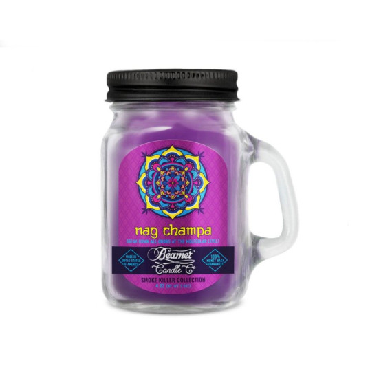 Smoke Killer illatgyertya üvegedényben, füllel és fém kupakkal – Nag Champa - kicsi
