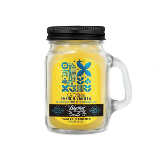 Smoke Killer illatgyertya üvegedényben, füllel és fém kupakkal – Ol’ Fashion French Vanilla - kicsi