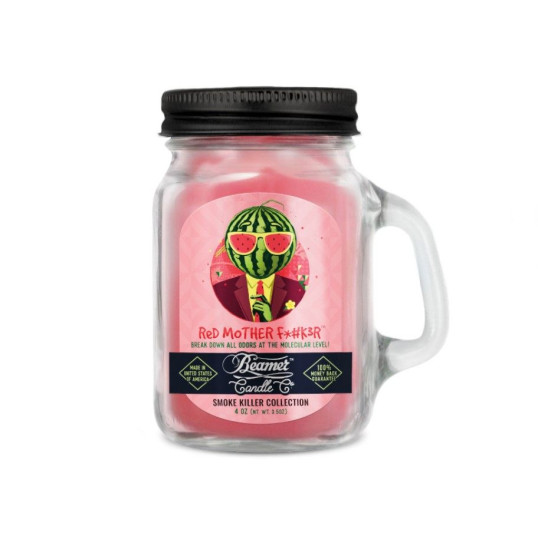 Smoke Killer illatgyertya üvegedényben, füllel és fém kupakkal – Red Mother F*k3r - kicsi