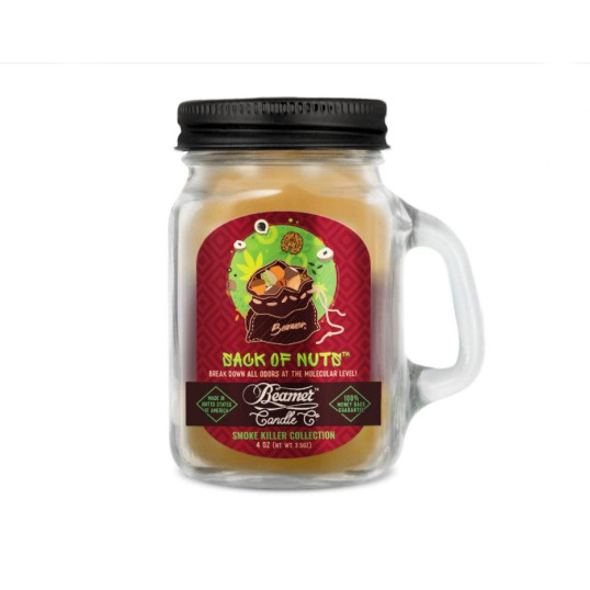 Smoke Killer illatgyertya üvegedényben, füllel és fém kupakkal – Sack of Nuts - kicsi