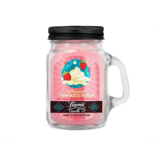 Smoke Killer illatgyertya üvegedényben, füllel és fém kupakkal – Whipped Strawdazzlez N’ Cream - kicsi