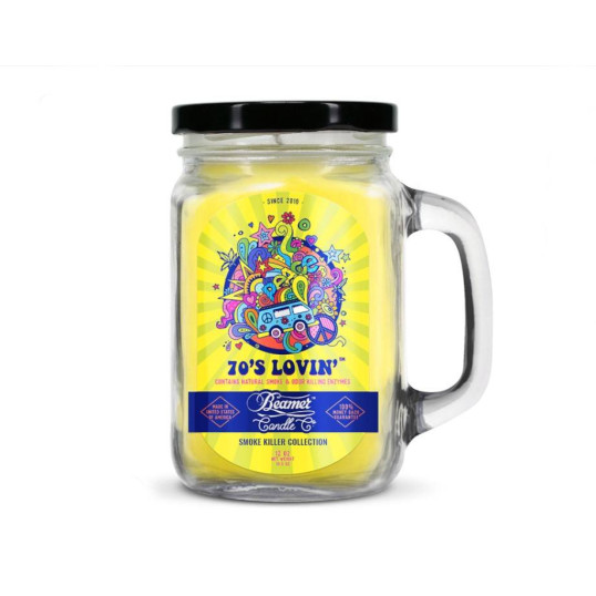 Smoke Killer illatgyertya üvegedényben, füllel és fém kupakkal – 70’S LOVING’ - nagy