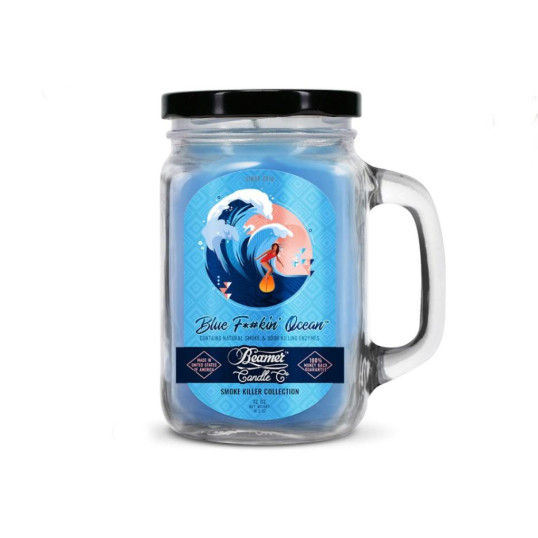 Smoke Killer illatgyertya üvegedényben, füllel és fém kupakkal – Blue Fkin’ Ocean - nagy