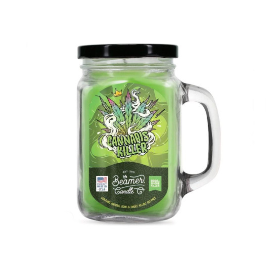 Smoke Killer illatgyertya üvegedényben, füllel és fém kupakkal – Cannabis Killer - nagy