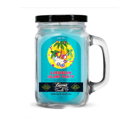 Smoke Killer illatgyertya üvegedényben, füllel és fém kupakkal – Caribbean Island Party - nagy