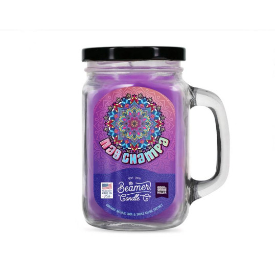 Smoke Killer illatgyertya üvegedényben, füllel és fém kupakkal – Nag Champa - nagy