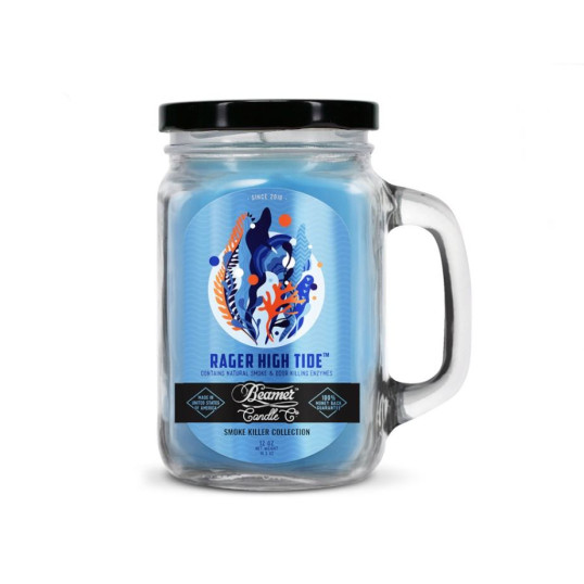 Smoke Killer illatgyertya üvegedényben, füllel és fém kupakkal – Rager High Tide - nagy