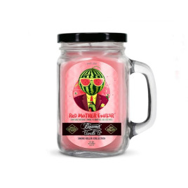 Smoke Killer illatgyertya üvegedényben, füllel és fém kupakkal – Red Mother F*k3r - nagy