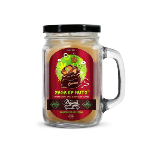 Smoke Killer illatgyertya üvegedényben, füllel és fém kupakkal – Sack of Nuts - nagy