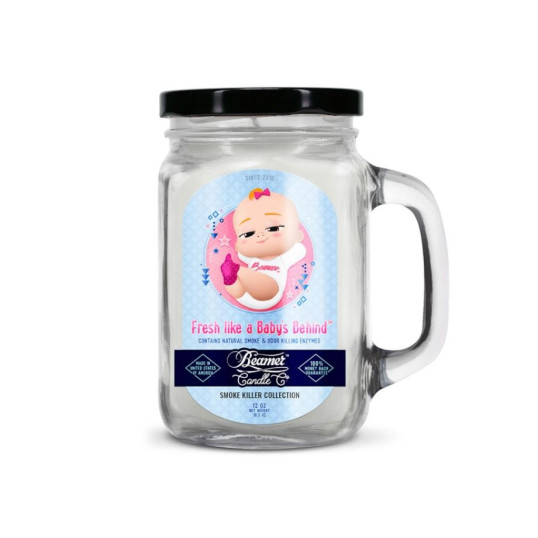 Smoke Killer illatgyertya üvegedényben, füllel és fém kupakkal – Fresh Like a Baby’s Behind - nagy