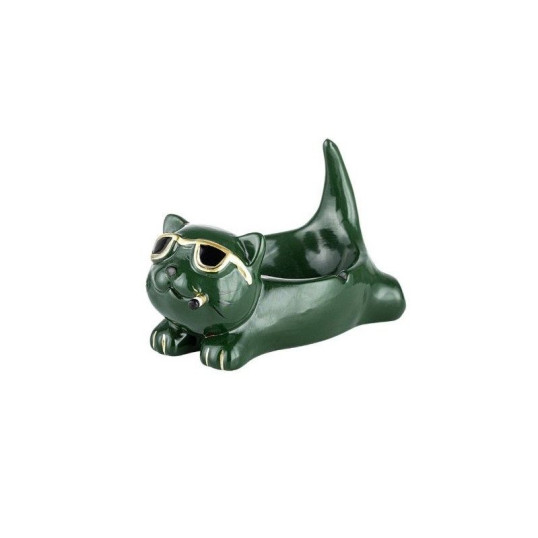 Angelo márkájú cigarettázó napszemüveges cicát formáló kerámia hamutartó - Sötétzöld