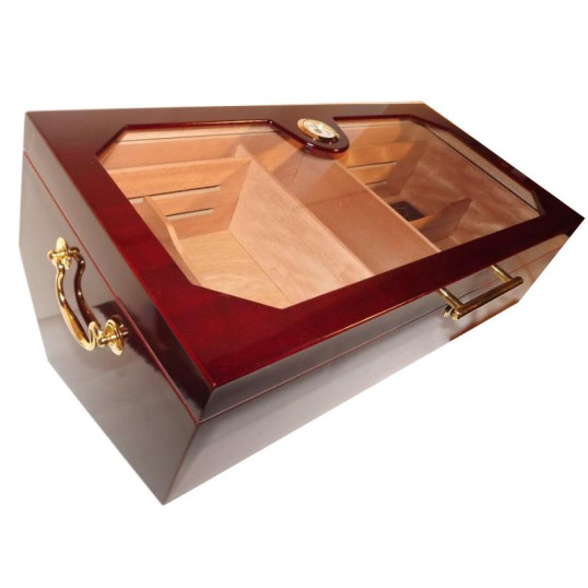 Nagy méretű vörösesbarna cédrusfa humidor 150 szál szivar tárolására, üvegtetővel, hygrométerrel és kristályos párásítóval - Angelo