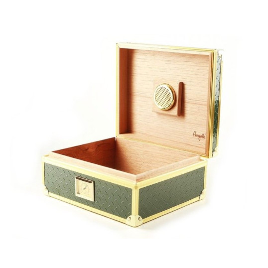 Angelo zöld színű fémbevonatú asztali humidor, spanyol cédrus belső, aranyszínű fém sarkok, 20-30 szál szivar részére, analóg hygrométerrel - OUTLET