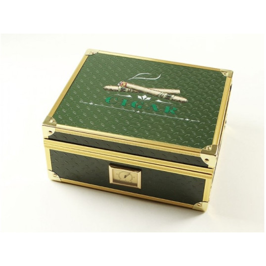 Angelo zöld színű fémbevonatú asztali humidor, spanyol cédrus belső, aranyszínű fém sarkok, 20-30 szál szivar részére, analóg hygrométerrel - OUTLET