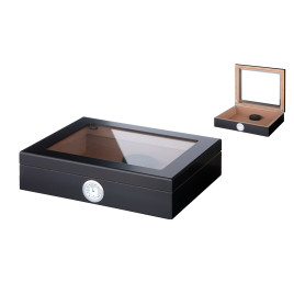 Humidor 30 szál szivar részére, cédrusfa szivar doboz, üvegtető, párásítóval, higrométerrel - fekete, Angelo 