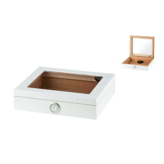 Humidor 30 szál szivar részére, cédrusfa szivar doboz, üvegtető, párásítóval, higrométerrel - fehér, Angelo 