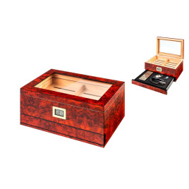 Üvegtetős humidor szett kb 50 szivar számára, digitális higrométerrel és kristályos párásítóval-gyökérfa mintás