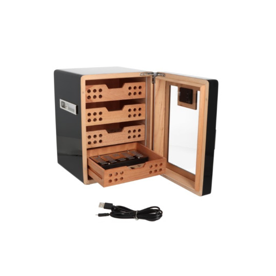 Angelo matt fekete színű üvegajtós szivar tároló szekrény 60-80 szál szivarnak, cédrusfa belsővel - Digitális hygrométer