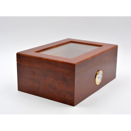 Angelo humidor 50 szál szivar részére, barna színű, üvegtető, cédrusfa belső, párásító, külső analóg hygrométerrel - OUTLET