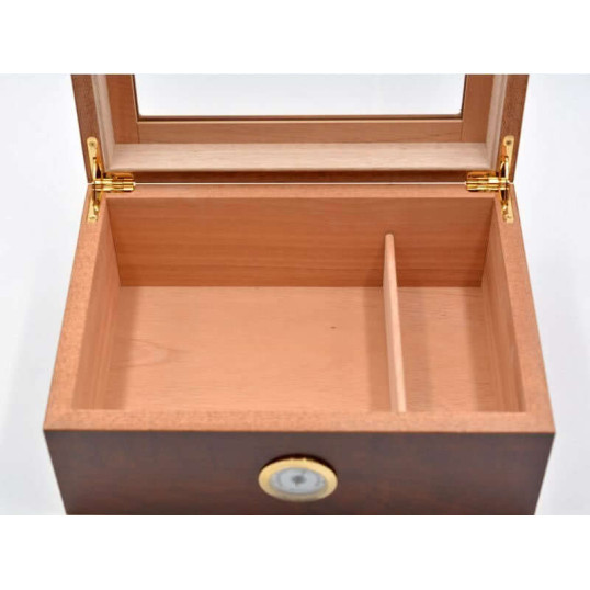 Angelo humidor 50 szál szivar részére, barna színű, üvegtető, cédrusfa belső, párásító, külső analóg hygrométerrel - OUTLET