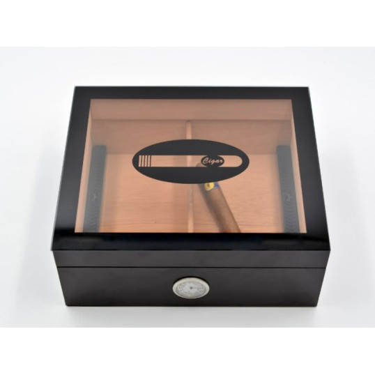 Angelo humidor 50 szál szivar részére, fekete színű, üvegtető, cédrusfa belső, párásító, külső analóg hygrométer - OUTLET - 3