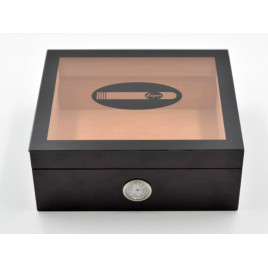 Angelo humidor 50 szál szivar részére, fekete színű, üvegtető, cédrusfa belső, párásító, külső analóg hygrométer - OUTLET - 1