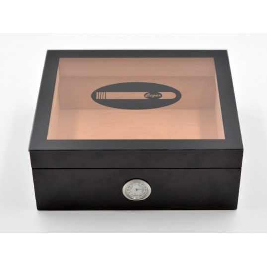 Angelo humidor 50 szál szivar részére, fekete színű, üvegtető, cédrusfa belső, párásító, külső analóg hygrométer - OUTLET - 3
