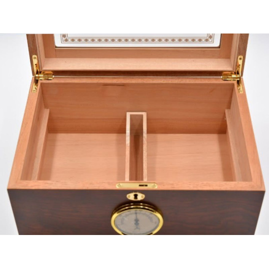 Angelo humidor 50–60 szivarhoz, mintás üvegtetős cédrusfa szivar tároló doboz külső hygrométerrel – barna