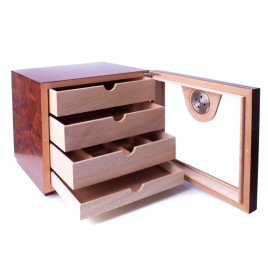 Üvegajtós cédrusfa humidor szekrény 70-90 szivar részére, gyökérfa borítással, párásítóval, digitális külső hygrométerrel