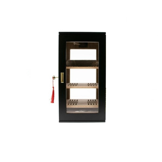 Humidor szekrény 75 szál szivarnak, matt fekete, akril előlap és hátlap, dekoratív oldalpanelek, 3 db polc, digitális higrométer, 2 db AP párásító