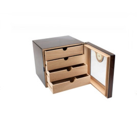 Faro humidor 60-90 szál szivar részére, üvegajtós, 4 fiókos, cédrusfa belső, párásítóval, analóg hygrométerrel