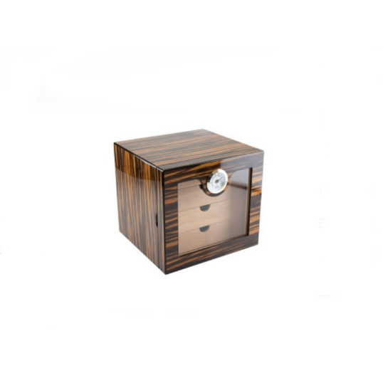 Faro humidor 60-90 szál szivar részére, üvegajtós, 4 fiókos, cédrusfa belső, párásítóval, analóg hygrométerrel, közép–sötét barna színű