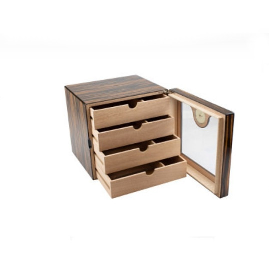 Faro humidor 60-90 szál szivar részére, üvegajtós, 4 fiókos, cédrusfa belső, párásítóval, analóg hygrométerrel, közép–sötét barna színű